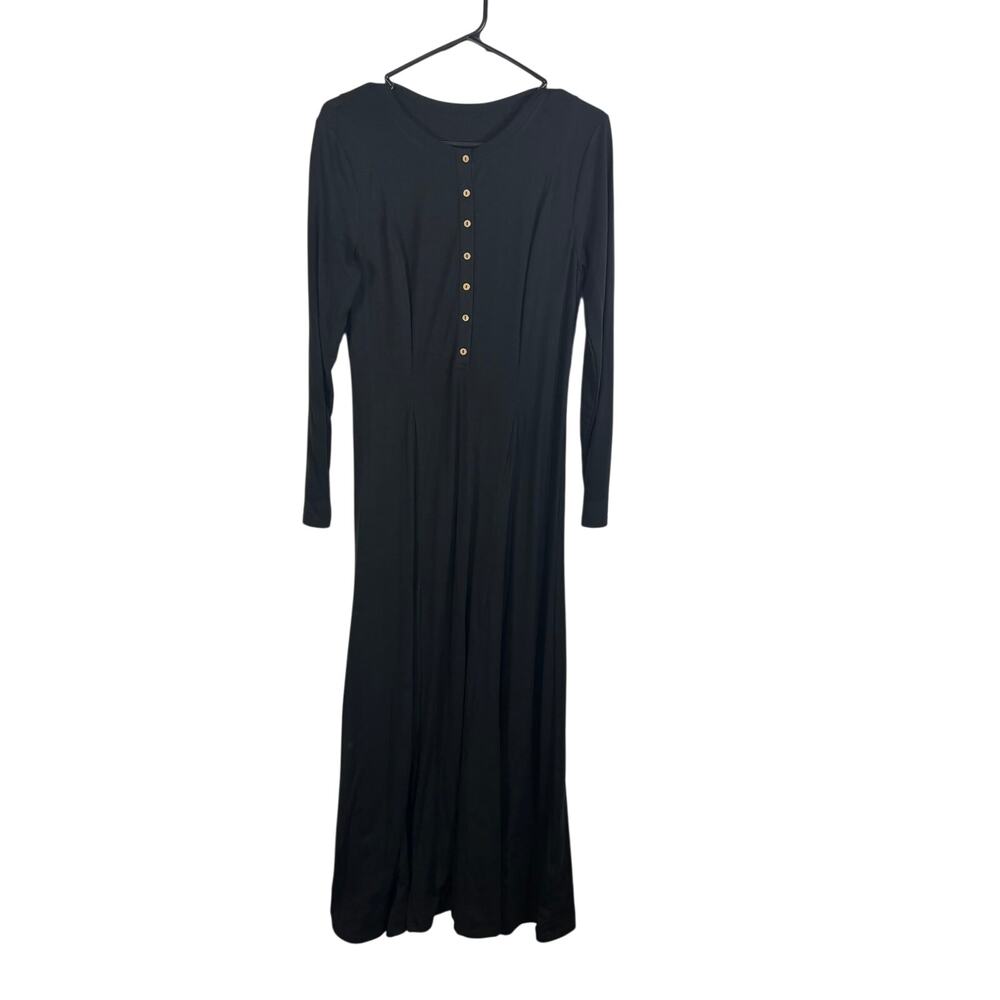 Halara Womens L Black Long Sleeve Henley Fit Flare Maxi Dress Stretch NWT
